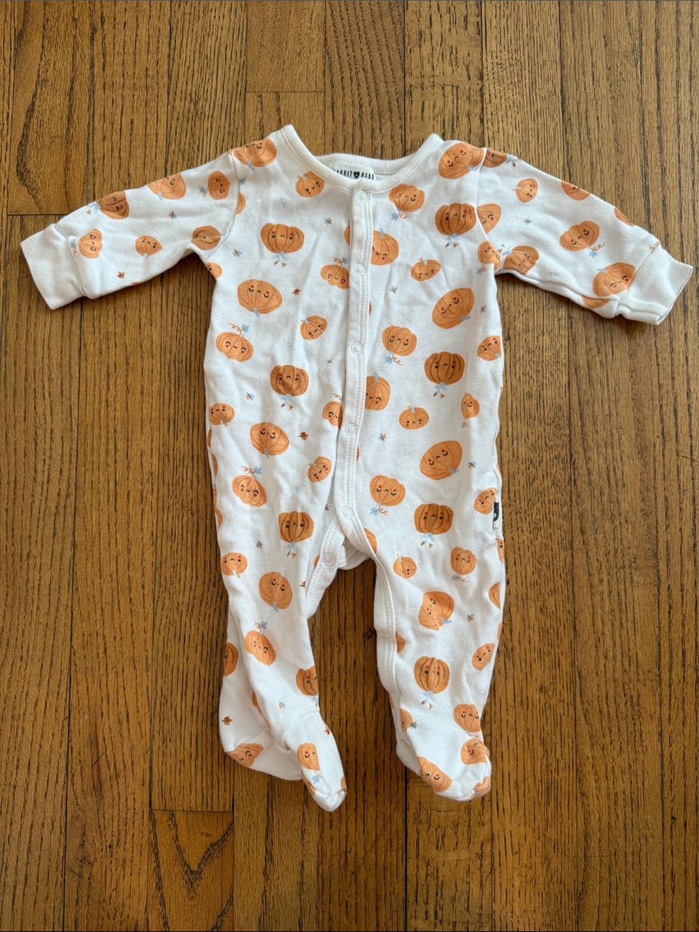 Rabbit + Bear Baby Pumpkin Print Footed One-Piece - White and Orange 0-3 months